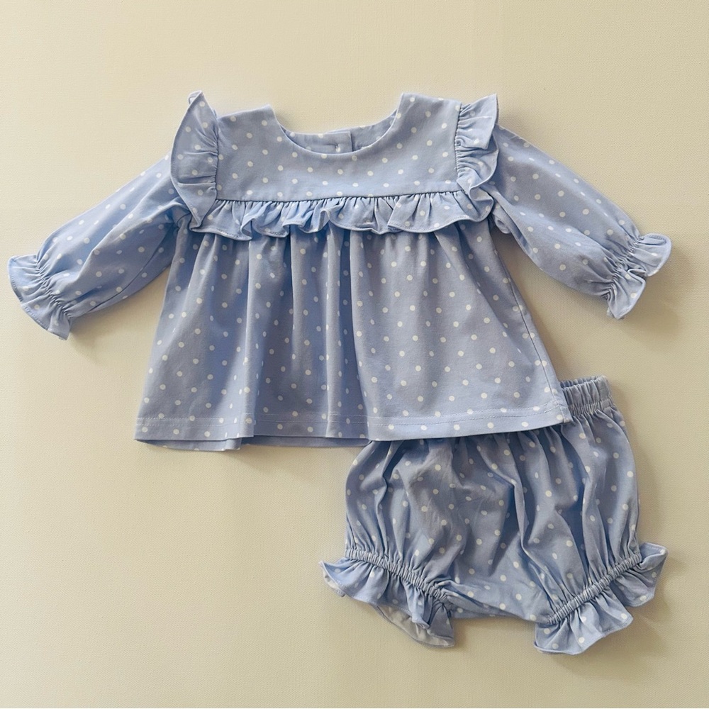 Stitchy Fish 3 Months Baby Girl Blue Polka Dot Ruffle Matching Set Outfit